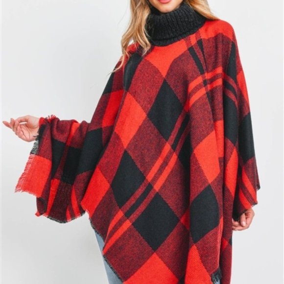 red plaid turtleneck poncho - Picture 1 of 5